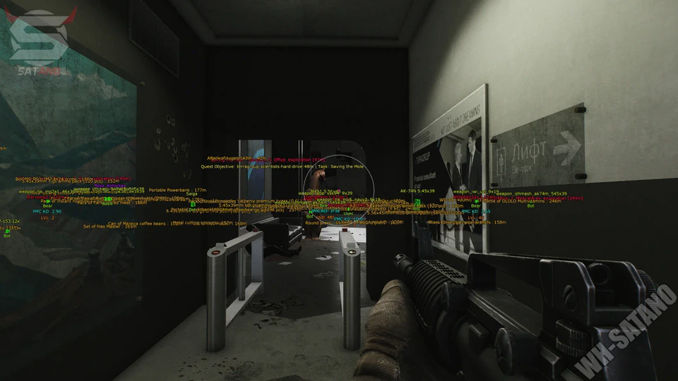 Escape from Tarkov ESP wallhack showing PMC boxes distance loot ESP and quest markers through walls in a live raid